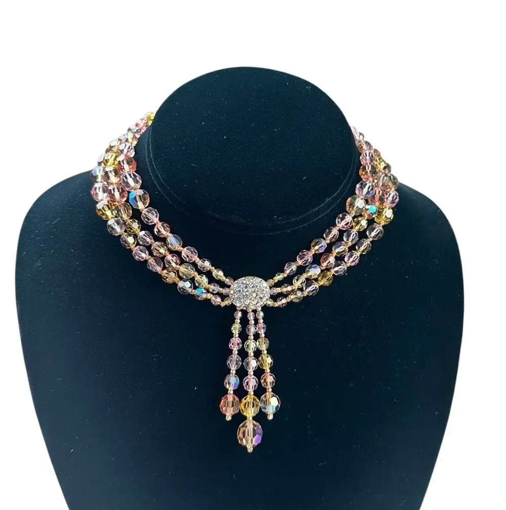 Swarovski Swan Signed AB Crystal Multi Strand Necklace Drop Bib Statement
